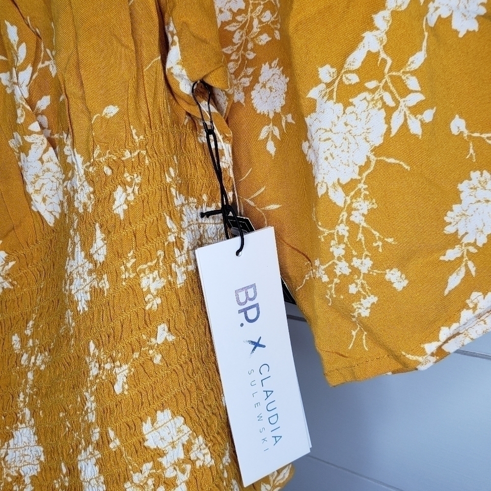 NWT BP X Claudia Sulewski Yellow Print Square Neck Smocked Top Large - Picture 3 of 6